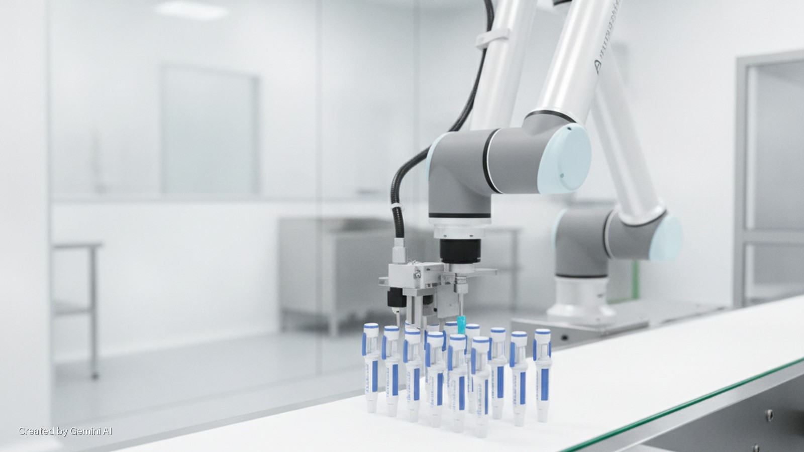 A white and grey robotic arm places a light blue cap on one of several vials arranged on a white conveyor belt in a brightly lit, sterile laboratory.