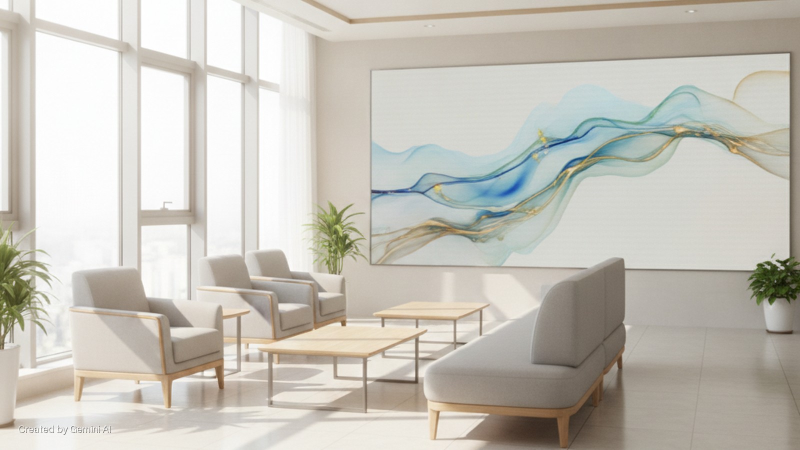 A bright, modern lounge features large windows, potted plants, light grey armchairs, wooden coffee tables, a sofa, and a large abstract artwork depicting blue and gold waves on the far wall.