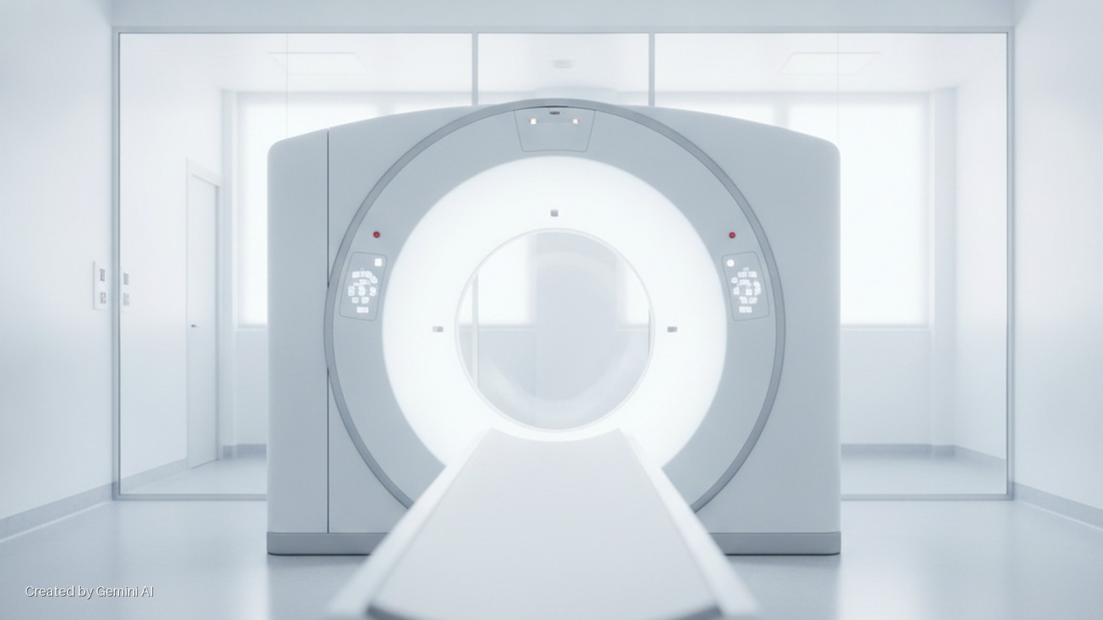 A modern CT scanner with an extended patient table is centered in a brightly lit, sterile medical imaging room with glass partitions and a door.