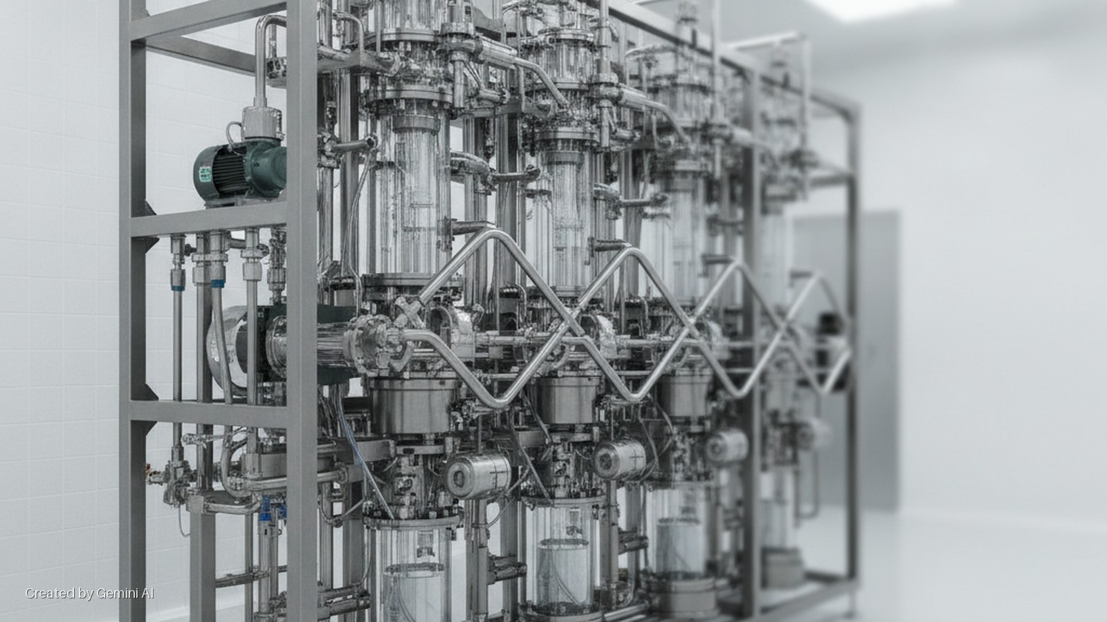 A large modular industrial system with multiple clear glass columns, stainless steel piping, valves, and a motor, positioned in a brightly lit cleanroom with white tiled and plain walls.