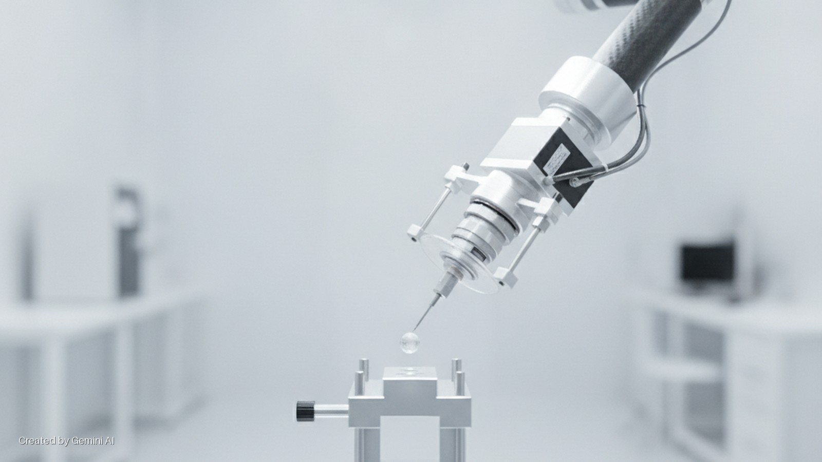 A robotic arm's probe approaches a small spherical calibration object on a metal stand in a bright, modern laboratory.