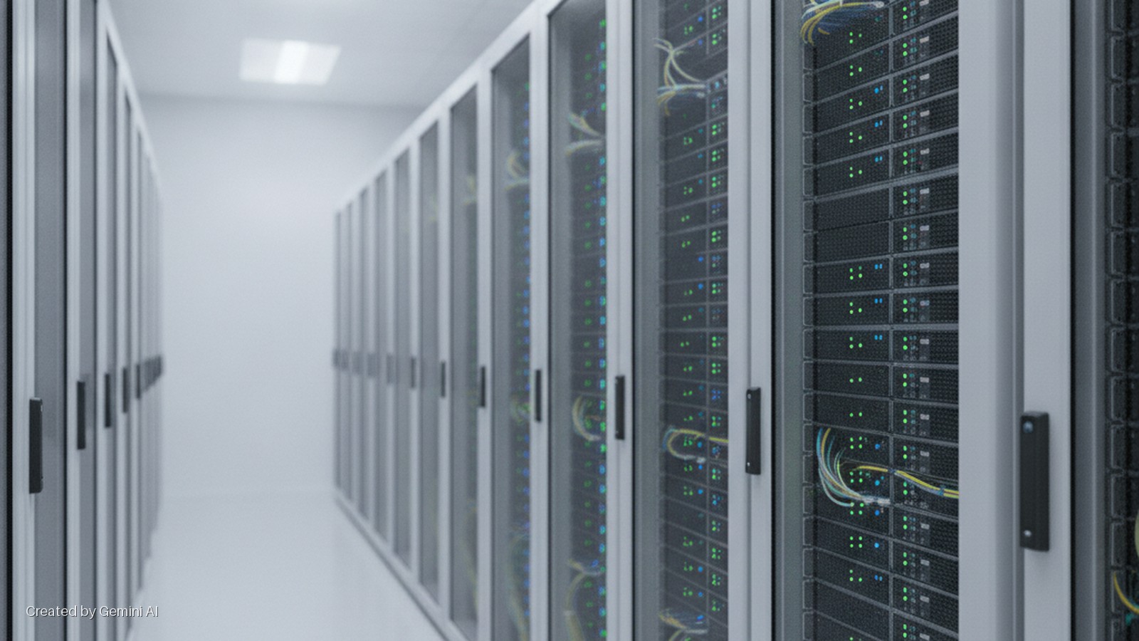 Rows of server racks with glowing green and blue indicator lights and colorful cables line a brightly lit, clean data center aisle.