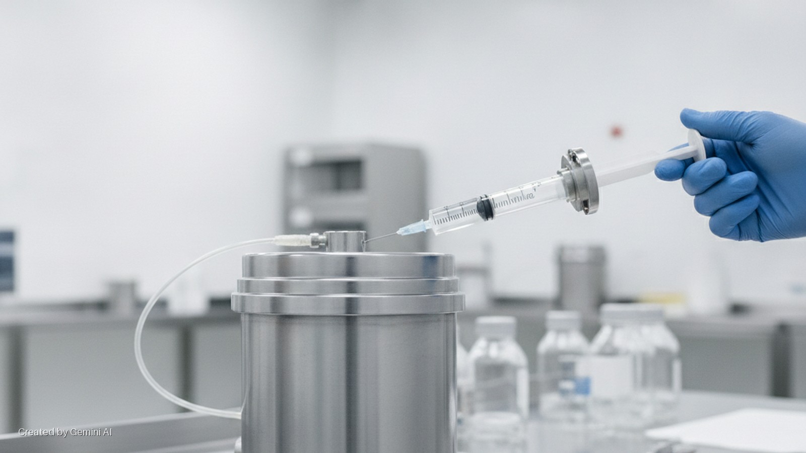 A gloved hand holds a marked syringe with its needle inserted into a cylindrical metal container, which is also connected by a tube, on a stainless steel surface in a brightly lit, sterile laboratory with other clear bottles in the backgrou