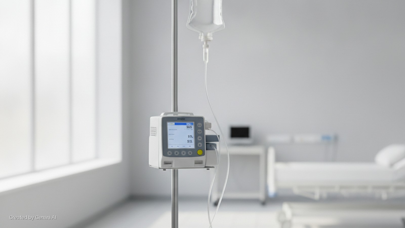 A brightly lit hospital room features an IV bag and pump mounted on a pole in the foreground, with a large window and a blurred hospital bed in the background.
