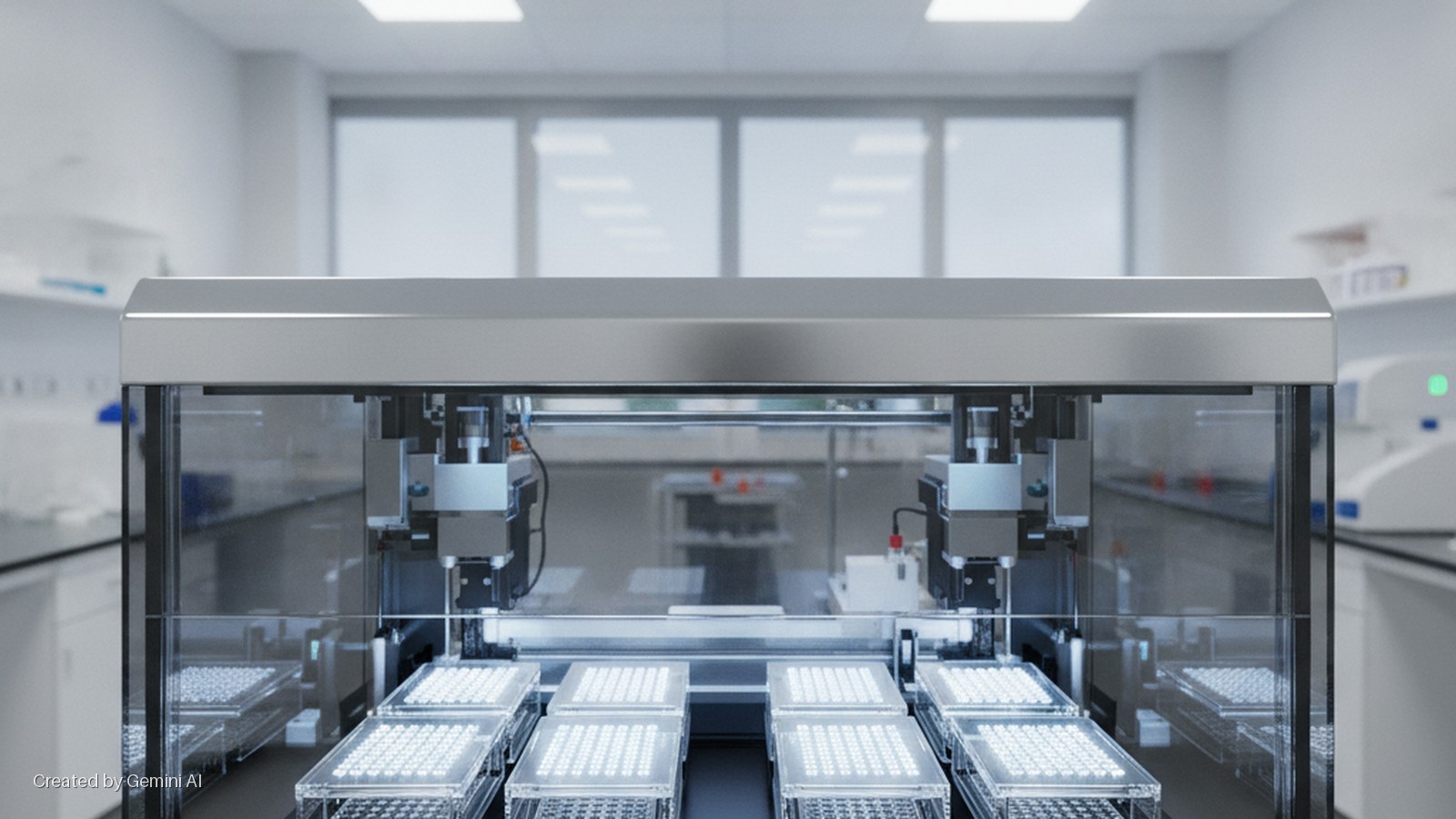 A bright, modern laboratory features an automated system with robotic arms handling multiple microplates inside a glass and metal enclosure.