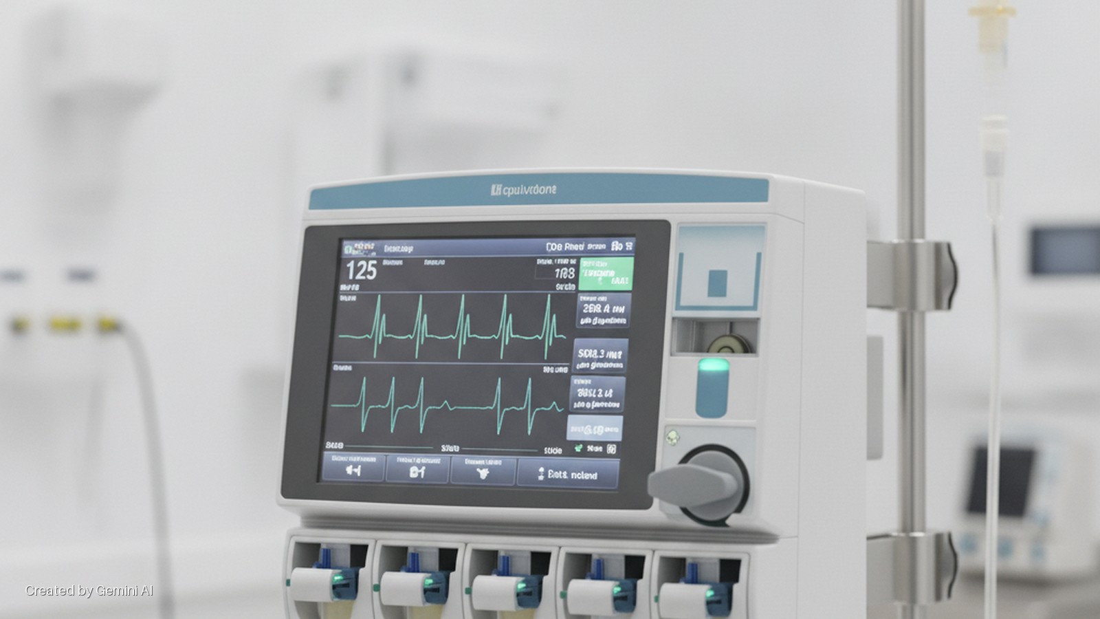 A brightly lit medical monitor displays a heart rate of 125 and two green ECG waveforms, along with various numerical data and multiple illuminated modules at its base, positioned in a medical room next to an IV pole.