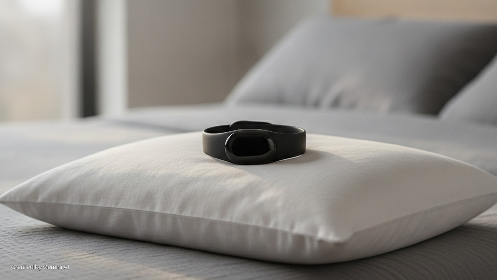 A black sleep tracker rests on a white pillow on a grey bed in a softly lit bedroom.