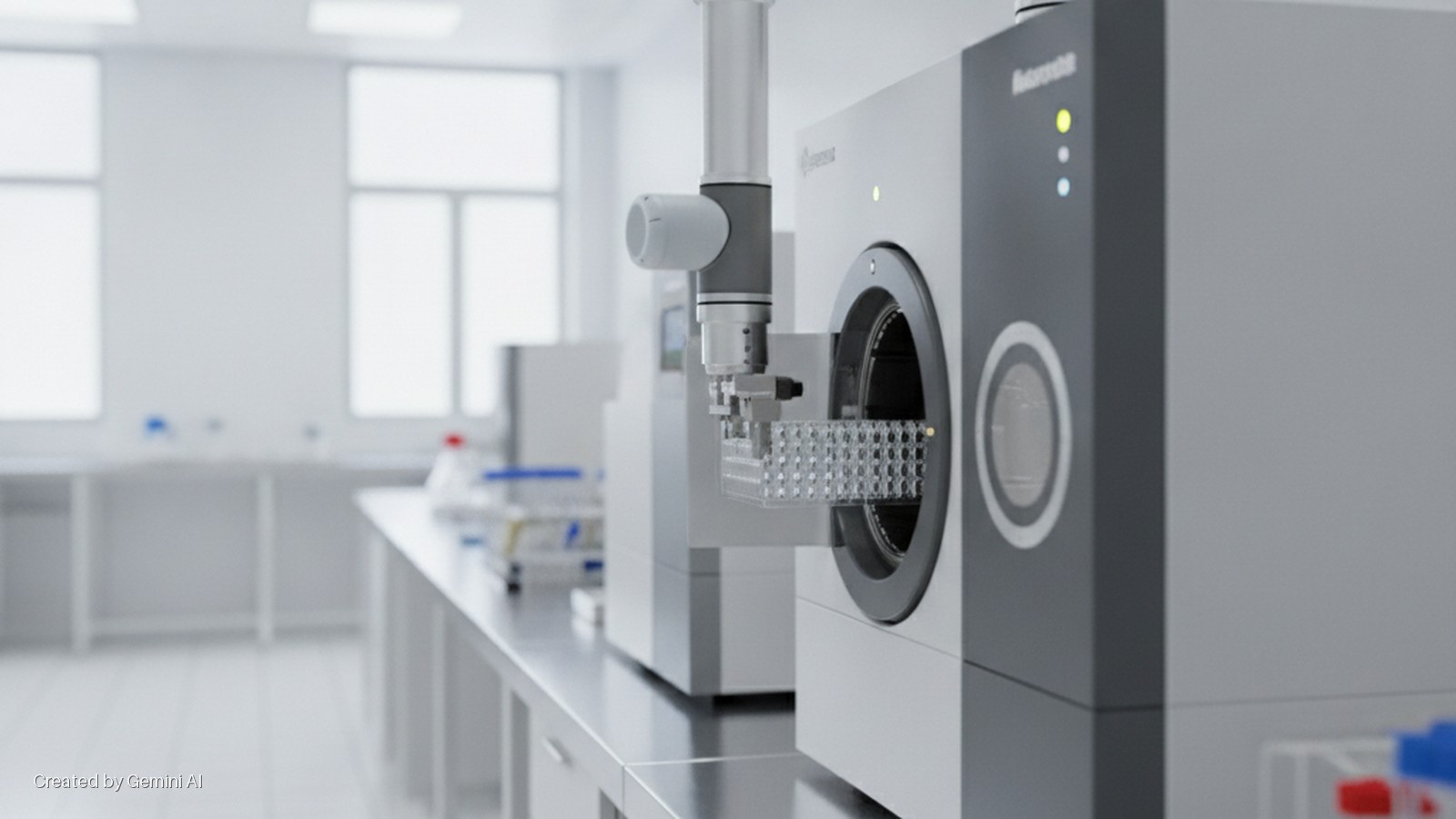 A robotic arm holding a multi-well plate is inserted into a modern laboratory automation system on a stainless steel bench in a brightly lit, clean lab with white walls and windows.