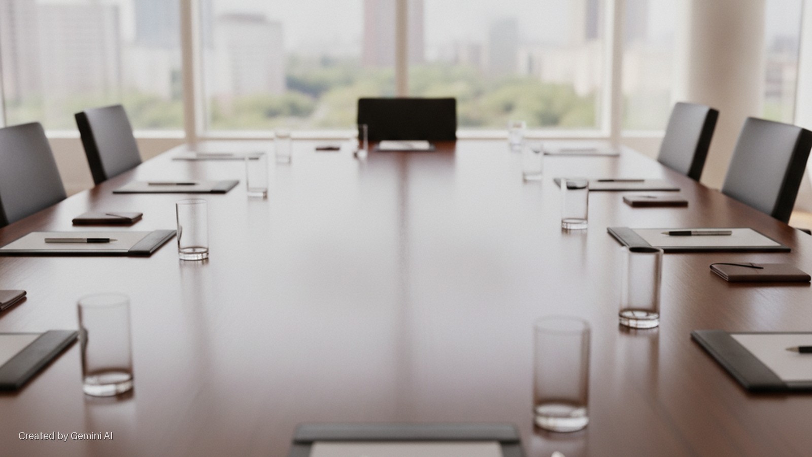 A long wooden conference table with black chairs and individual settings of paper pads, pens, and water glasses is brightly lit by natural light from large windows overlooking a city skyline.