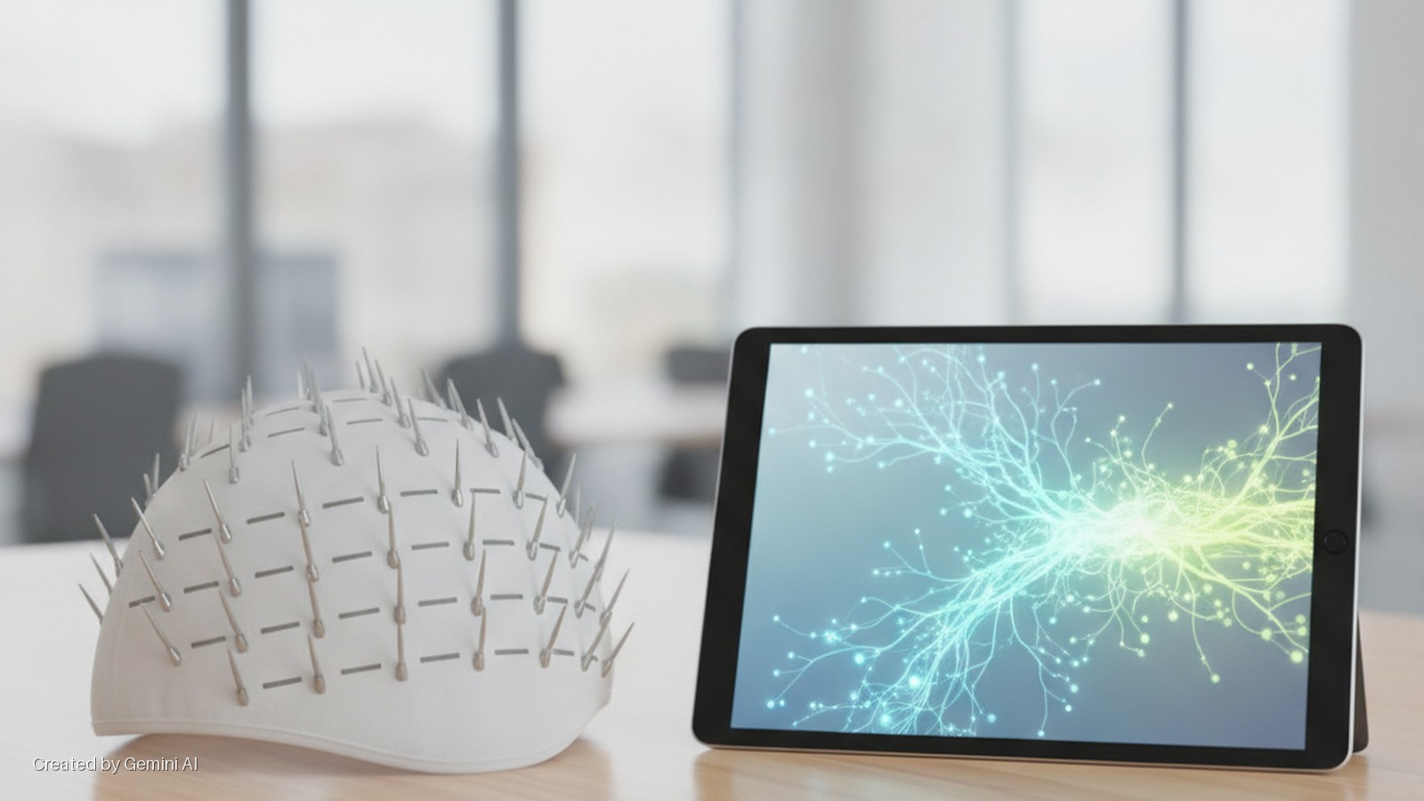 A white cap with silver spikes and a black tablet displaying a glowing neuronal network rest on a light wooden table in a brightly lit office.
