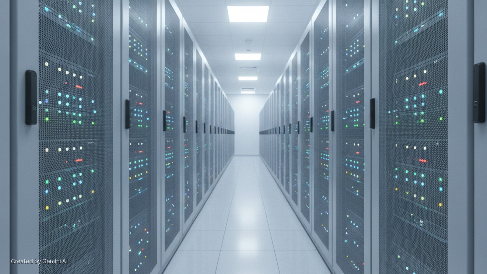 A long data center aisle is lined on both sides by rows of server racks displaying numerous colorful indicator lights, illuminated by bright overhead panel lights and featuring a white tiled floor.
