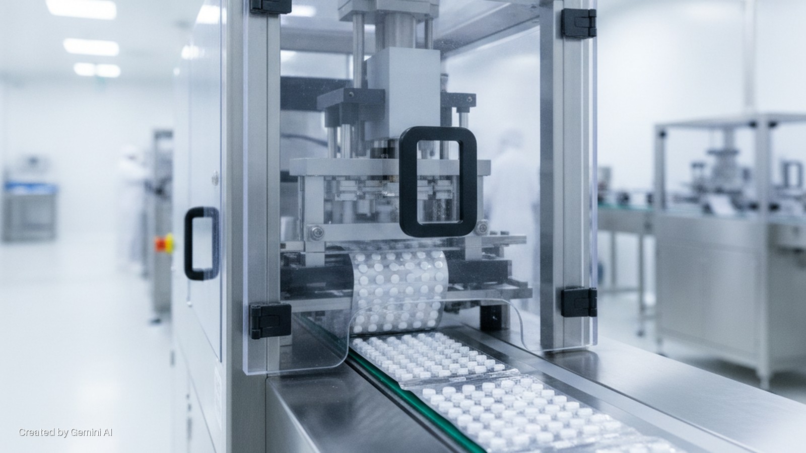 A pill packaging machine in a sterile pharmaceutical manufacturing facility produces blister packs of white pills on a conveyor belt under bright, overhead lighting.