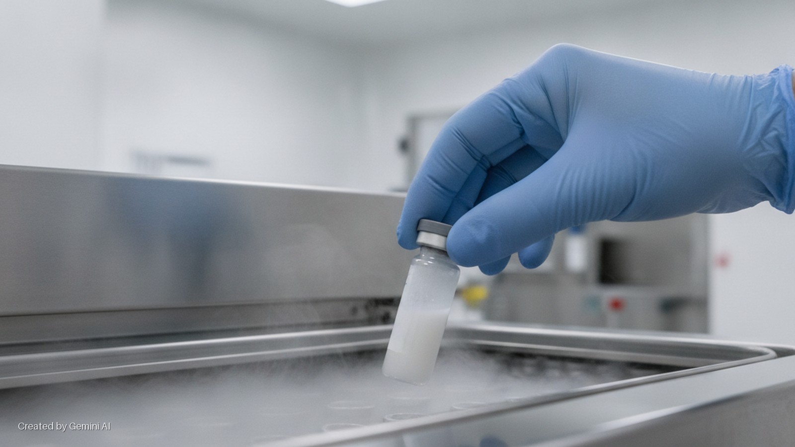 A hand in a blue glove holds a clear vial containing a white suspension over a metal tray emitting cold vapor in a brightly lit cleanroom laboratory.