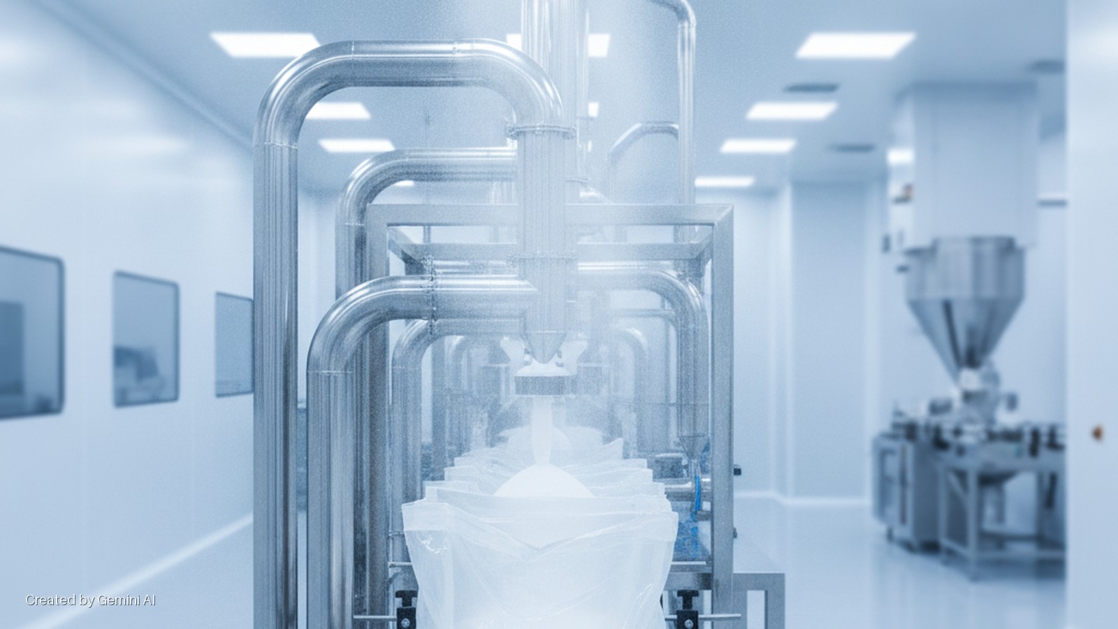 Industrial cleanroom with bright overhead lighting, featuring stainless steel pipes dispensing white powder into clear plastic bags, with observation windows and processing machinery in the background.