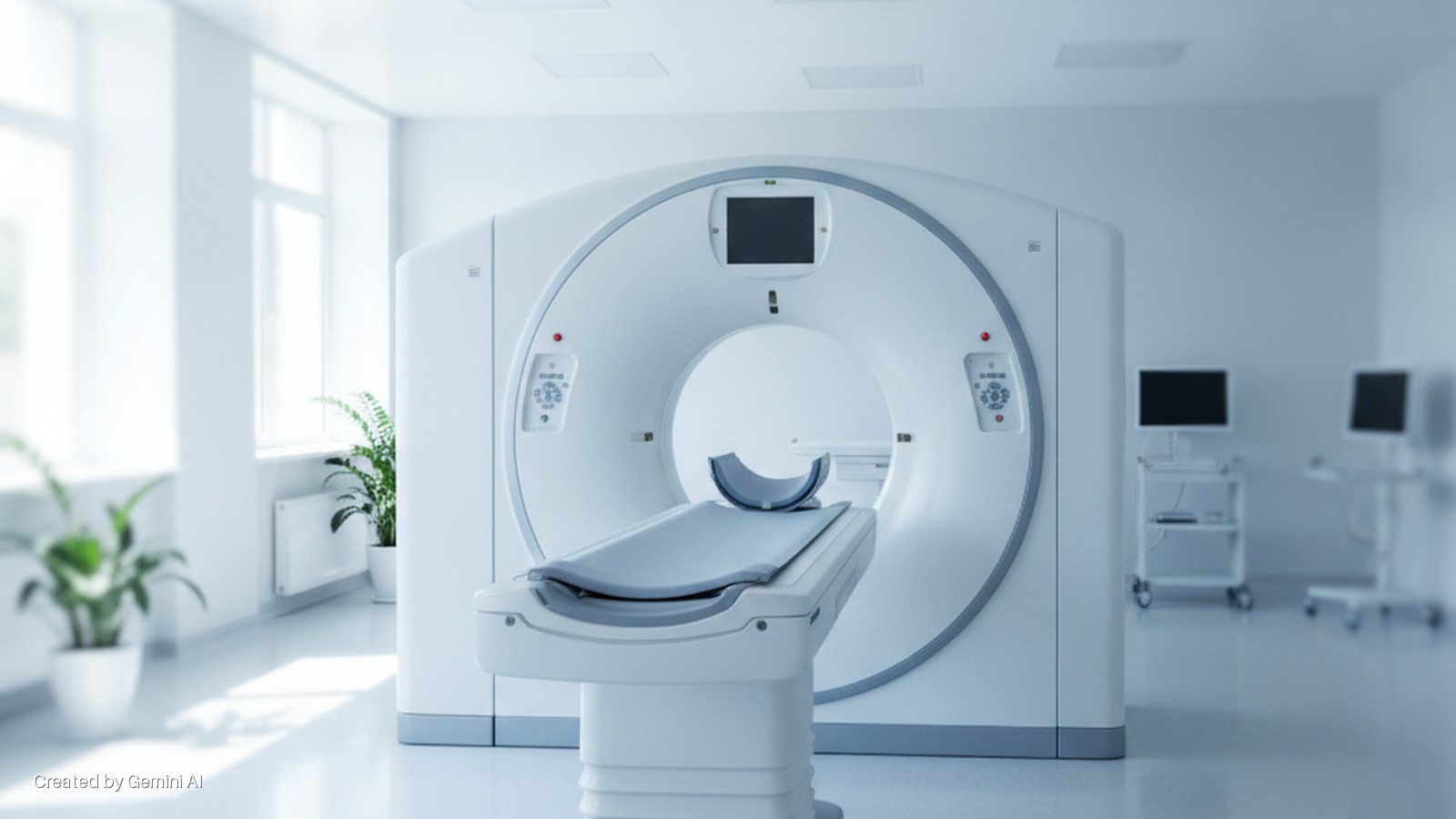 A brightly lit, modern medical imaging room contains a large CT scanner with a patient table and head cradle, large windows with potted plants, and medical carts with monitors.