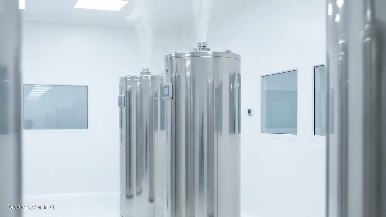 Brightly lit cleanroom featuring a row of stainless steel cryogenic storage tanks emitting vapor, with clean white walls and multiple windows.
