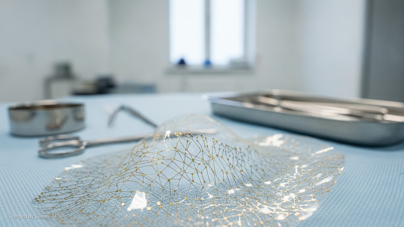 A transparent, flexible mesh material with a golden patterned network rests on a light blue surgical drape, surrounded by various metal medical instruments and trays, under bright lighting in a room with a window.