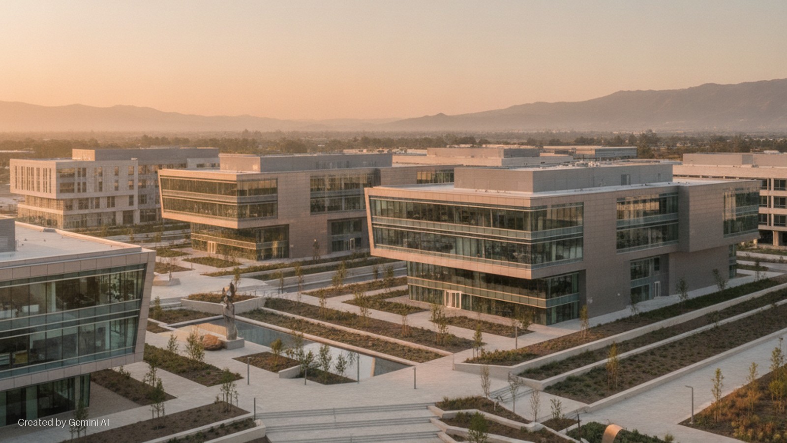 An aerial view of a corporate campus with modern buildings, structured landscaping, paths, and water features, set against distant mountains under a warm, golden hour sky.