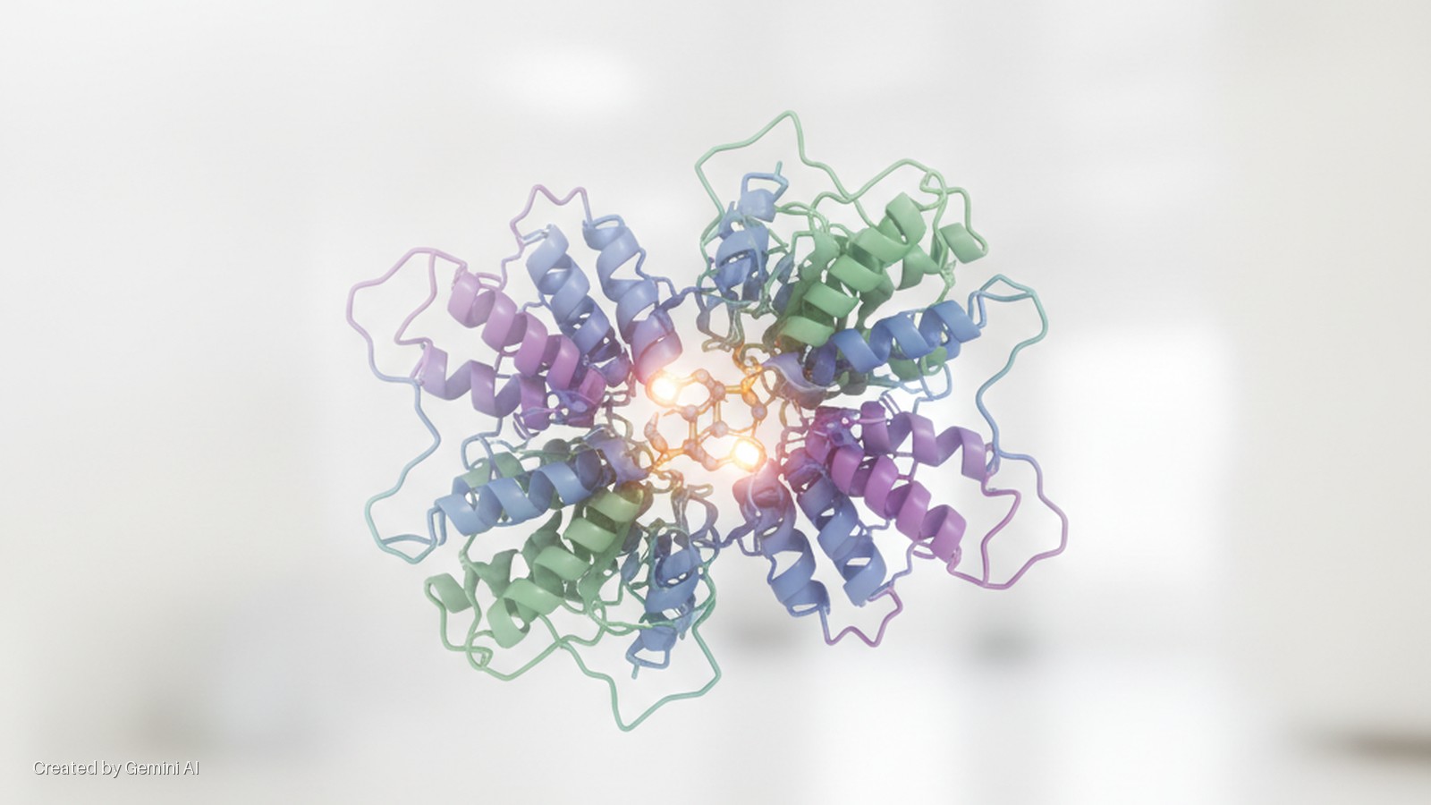 A multi-subunit protein, depicted as blue, green, and purple ribbons with alpha-helices and loops, encircles a glowing orange central molecular structure against a blurred white background.