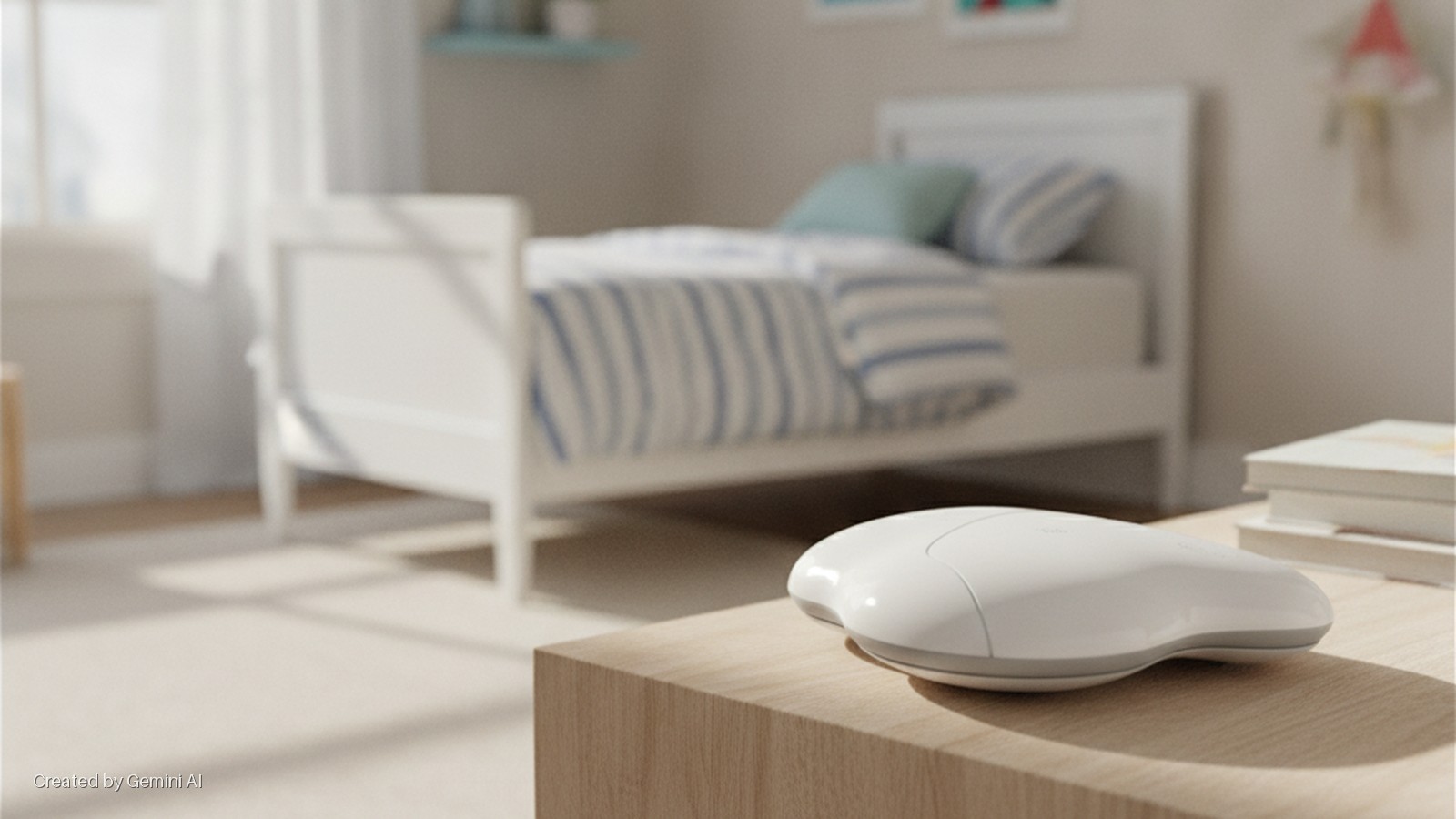 A contoured white device rests on a light wooden bedside table beside a stack of books, with a white bed and blue striped bedding visible in the soft natural light of a bedroom.