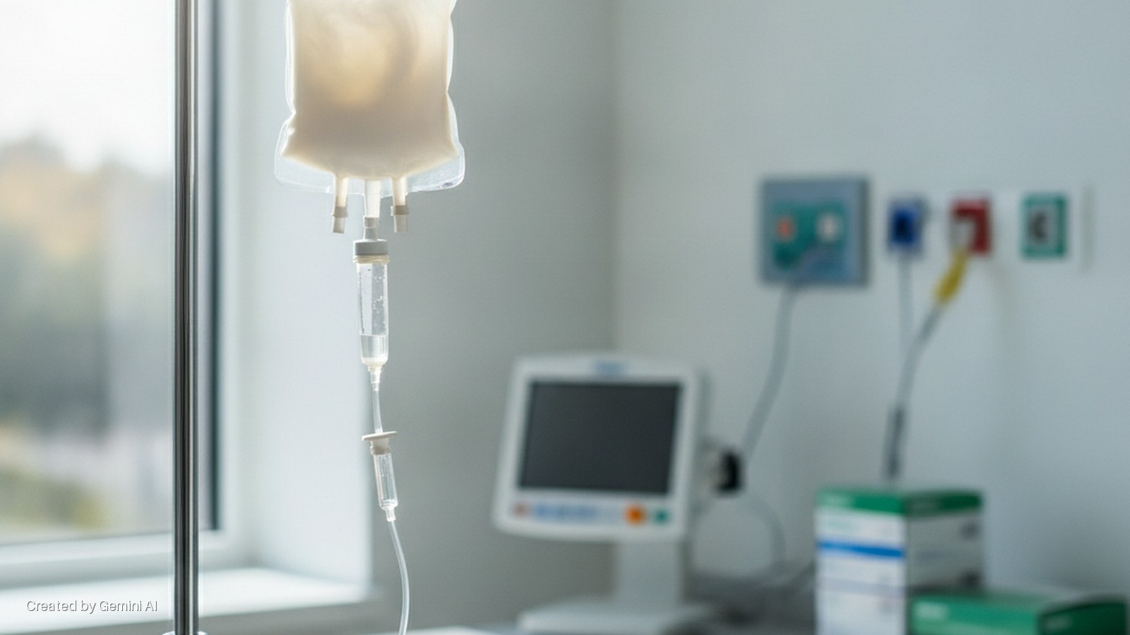 An IV bag with pale fluid drips from a metal pole in a naturally lit hospital room, with a medical monitor and wall-mounted ports blurred in the background.