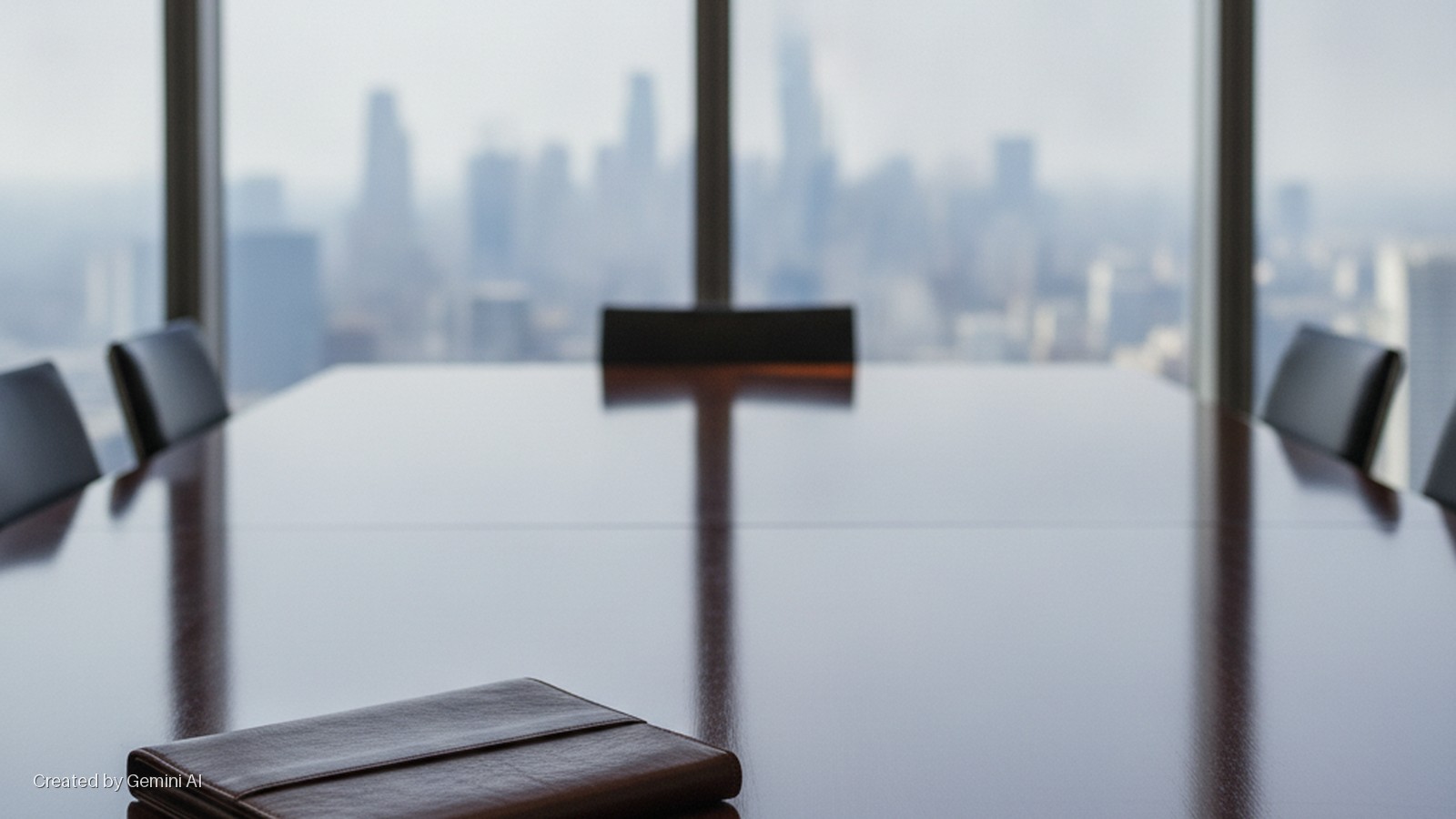 An empty conference room with a polished, reflective table, chairs, and a brown leather folio in the foreground, overlooks a blurred city skyline through large windows under bright, diffused light.