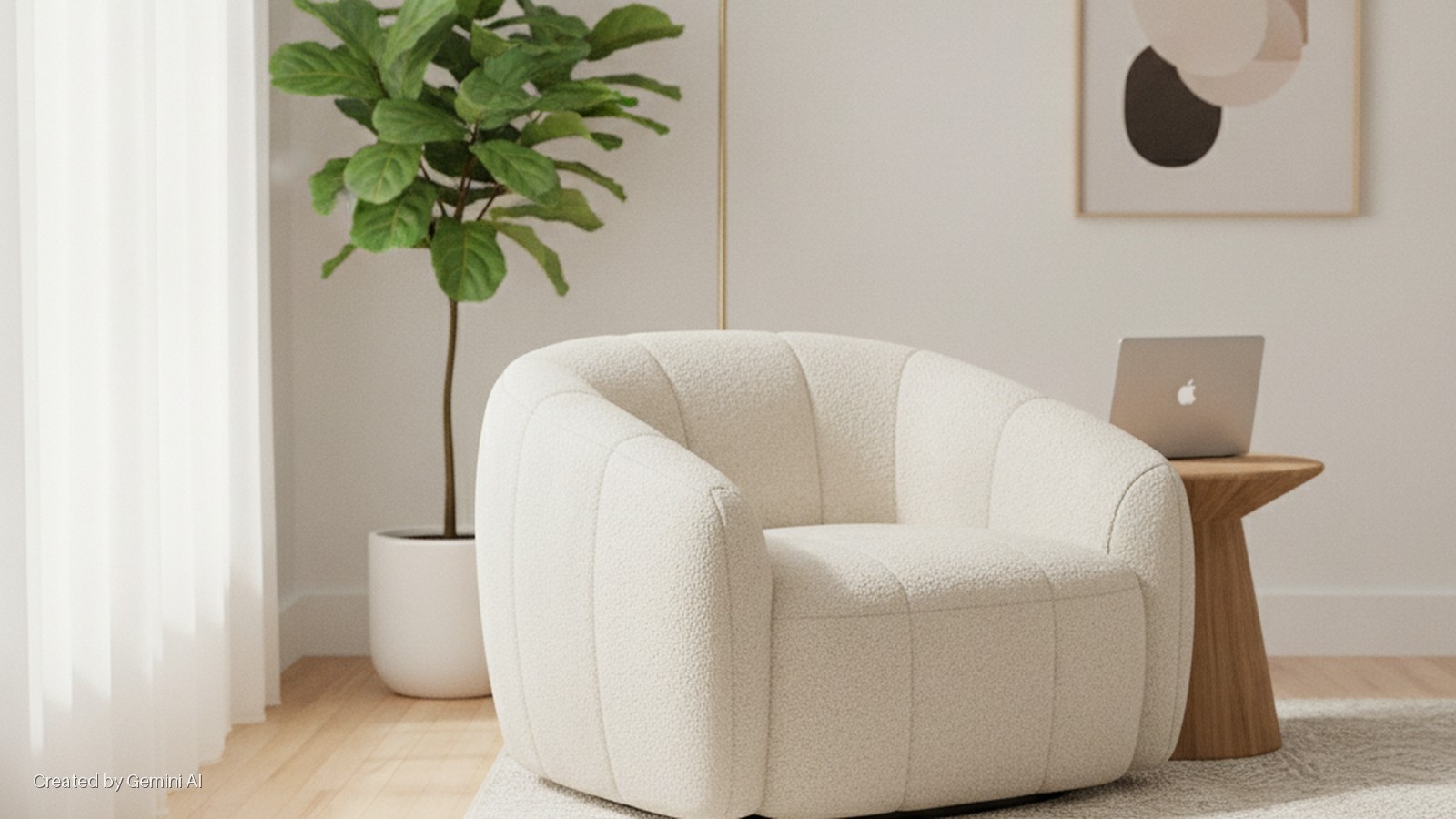 A bright, naturally lit minimalist living room showcasing a textured white boucle armchair, a wooden side table with a silver laptop, a fiddle leaf fig plant, and sheer white curtains.