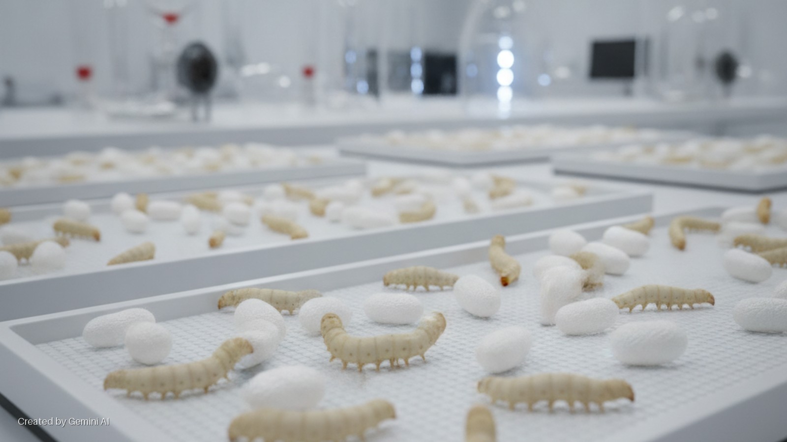 Silkworms and white cocoons populate multiple white trays in a brightly lit, sterile laboratory setting.
