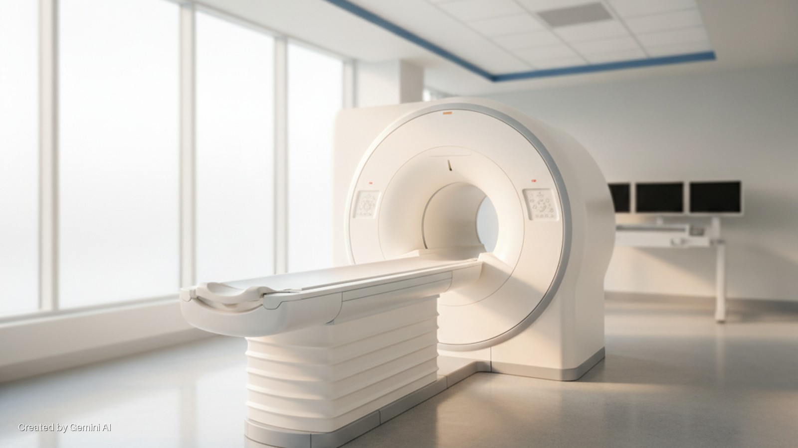 A modern MRI scanner with its patient table sits in a brightly lit medical room with large windows on the left and a desk with three monitors on the right.