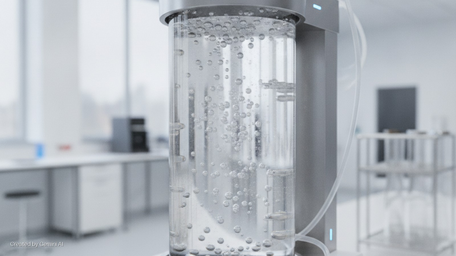 A clear cylinder with bubbling liquid, integrated into a grey scientific machine, sits in a brightly lit, modern laboratory with various equipment blurred in the background.