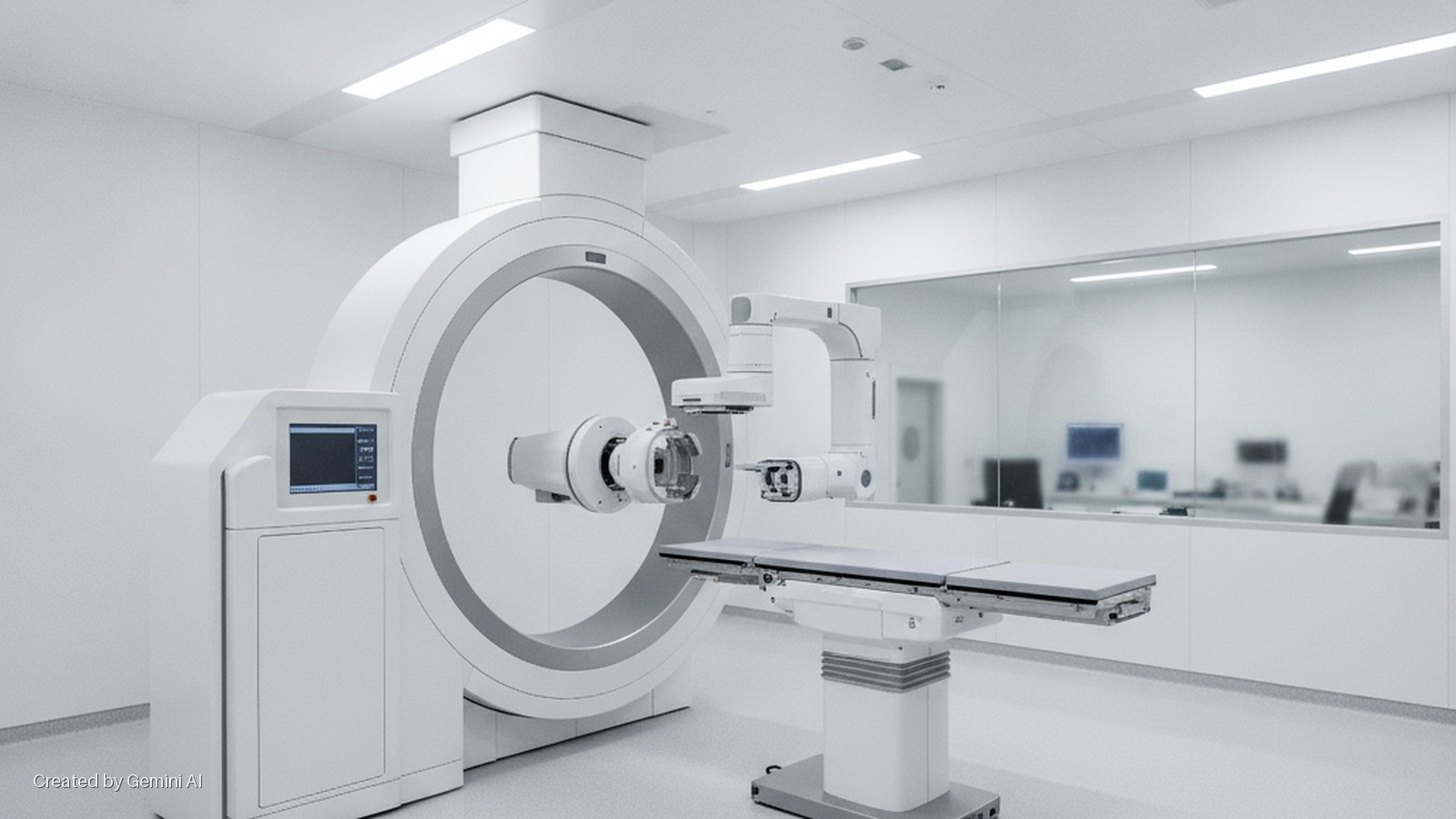 A bright, sterile medical room features a large white robotic medical imaging system with a circular gantry, a control panel, an adjustable patient table, and a glass wall overlooking a separate room with computer monitors.