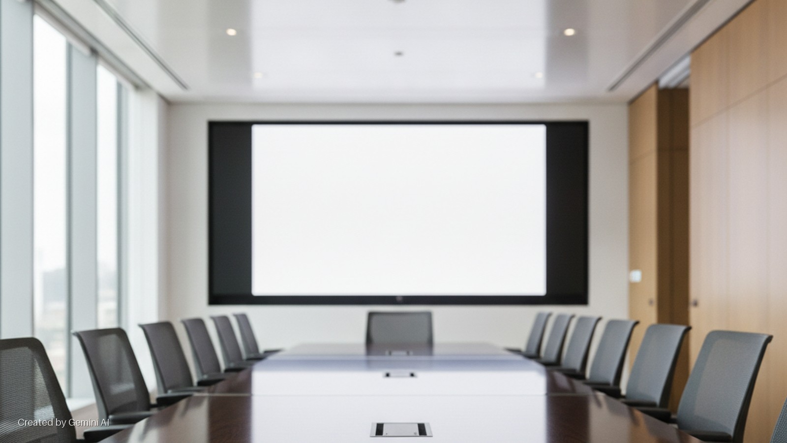 A brightly lit, modern conference room features a long dark wooden table surrounded by numerous mesh chairs, a large blank projection screen, and a wall of windows on the left.