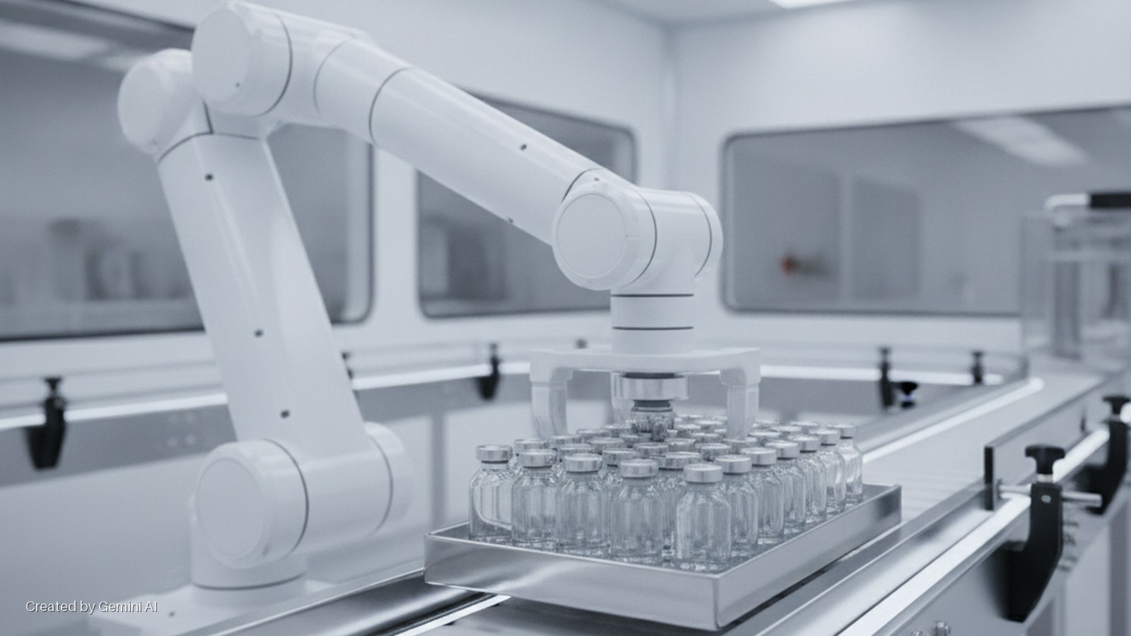 A white robotic arm handles a metal tray of clear glass vials on a conveyor belt in a bright, sterile manufacturing facility.