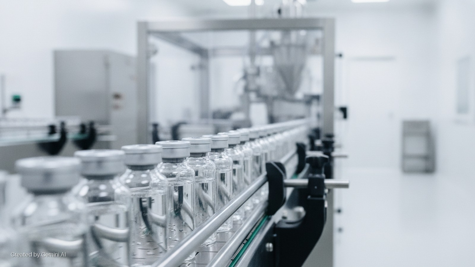 Clear glass vials filled with liquid move along a conveyor belt in a brightly lit, sterile pharmaceutical manufacturing facility.