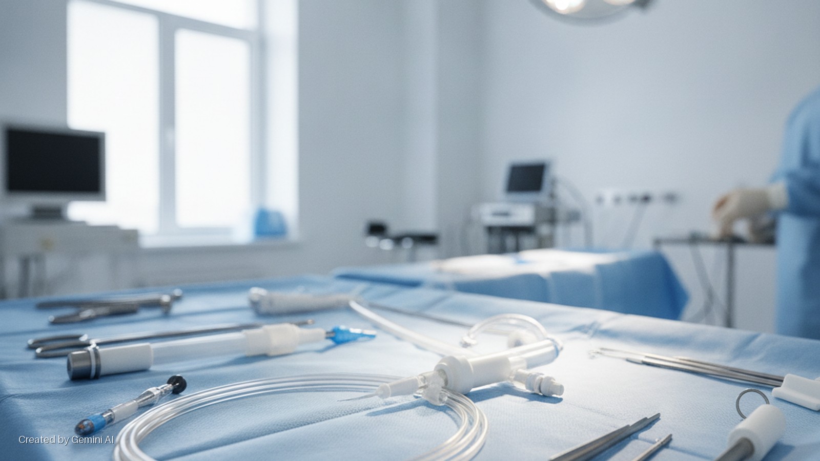 Various surgical instruments and medical tubing are arranged on a blue-draped operating table in a brightly lit surgical room, with a medical professional present in the background.
