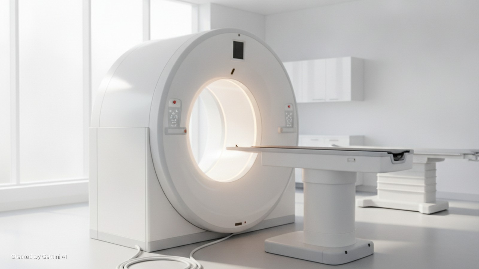 A brightly lit white medical examination room features a large CT scanner with an illuminated opening and an attached patient table, with wall cabinets and a large window in the background providing natural light.