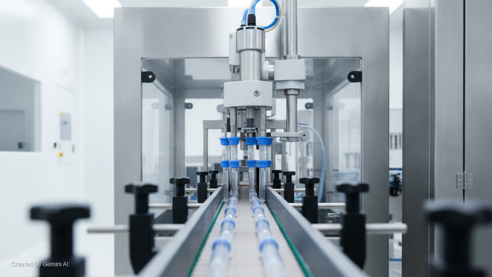 Automated stainless steel machinery processes clear vials with blue caps on a conveyor belt in a brightly lit cleanroom.