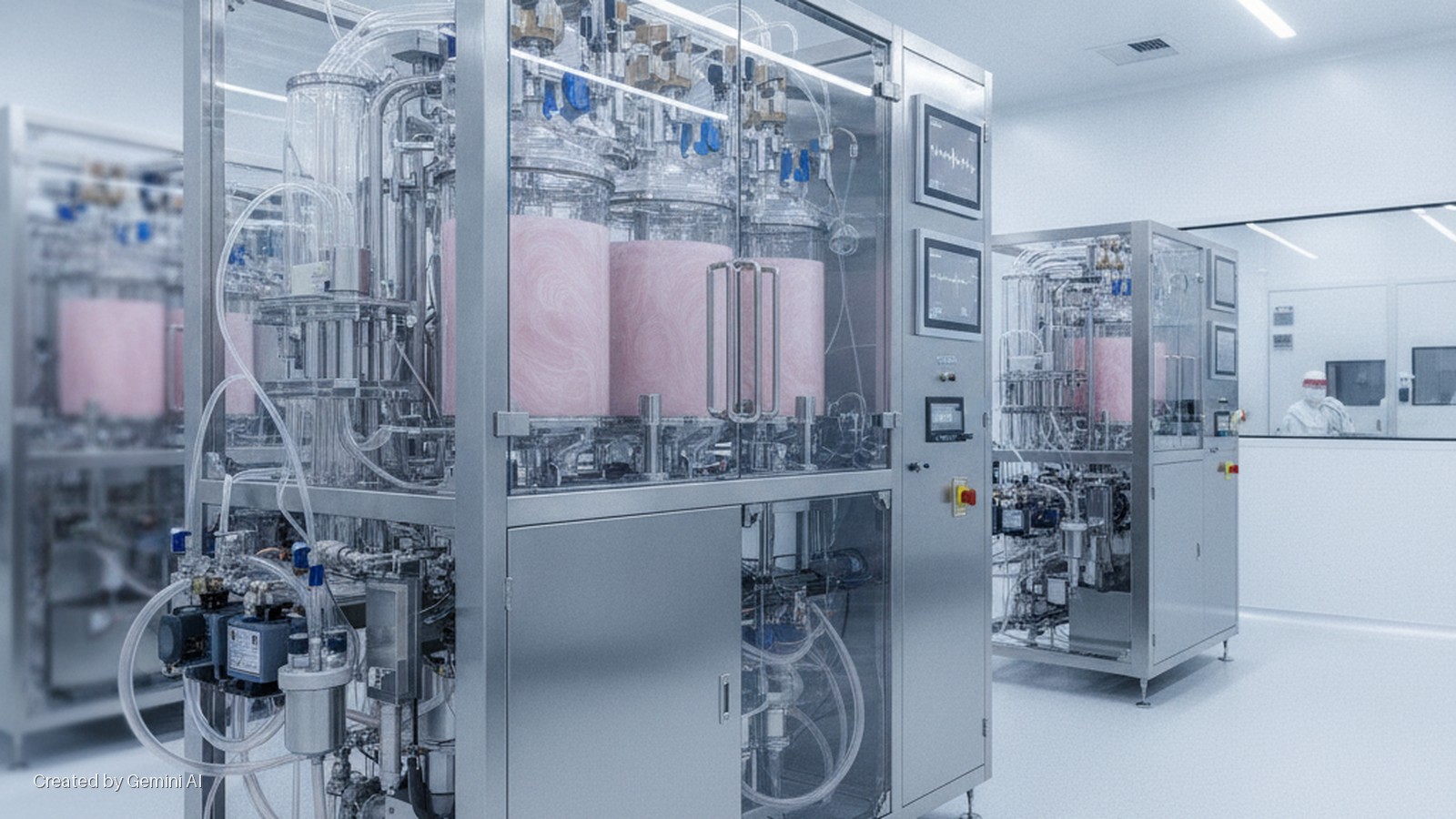 Modular bioprocessing equipment with large glass vessels containing pink media and extensive tubing operates under bright, cool-toned lighting in a sterile cleanroom, with a technician visible through a glass wall in the background.
