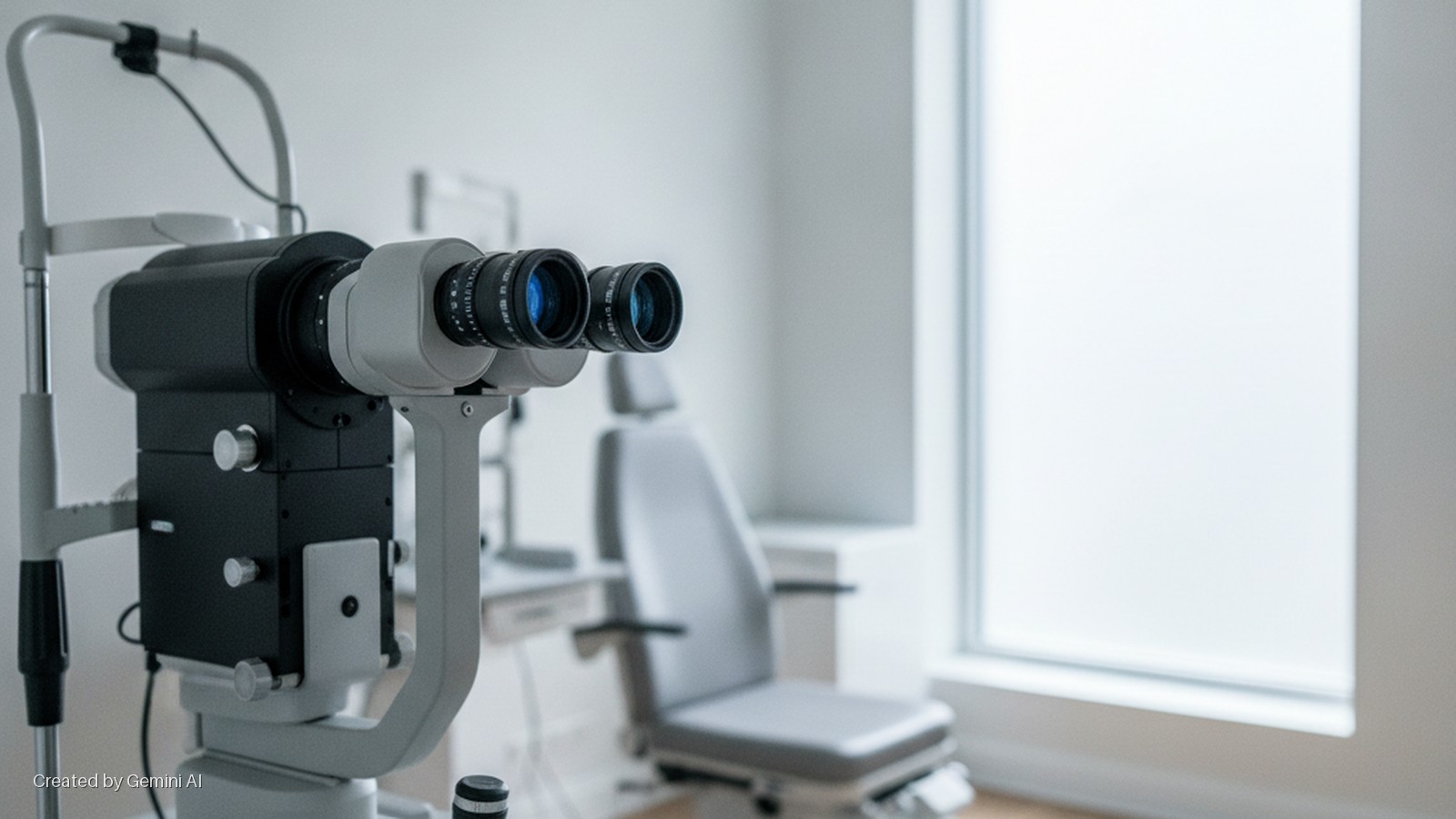 An ophthalmologist's office features a slit lamp, an adjustable examination chair, and a large window providing bright natural light.