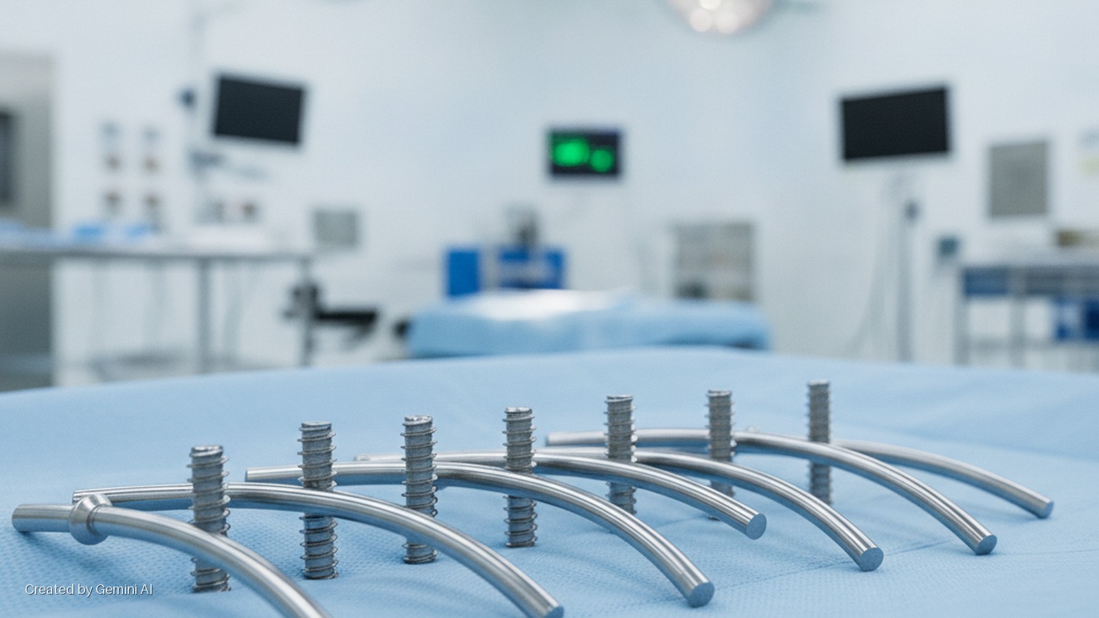 Curved metal rods and threaded posts for surgical implants rest on a blue sterile drape in a brightly lit operating room.