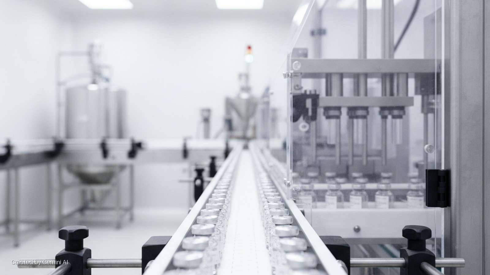 Small glass vials move along a conveyor belt in a brightly lit, sterile pharmaceutical production facility with automated machinery.