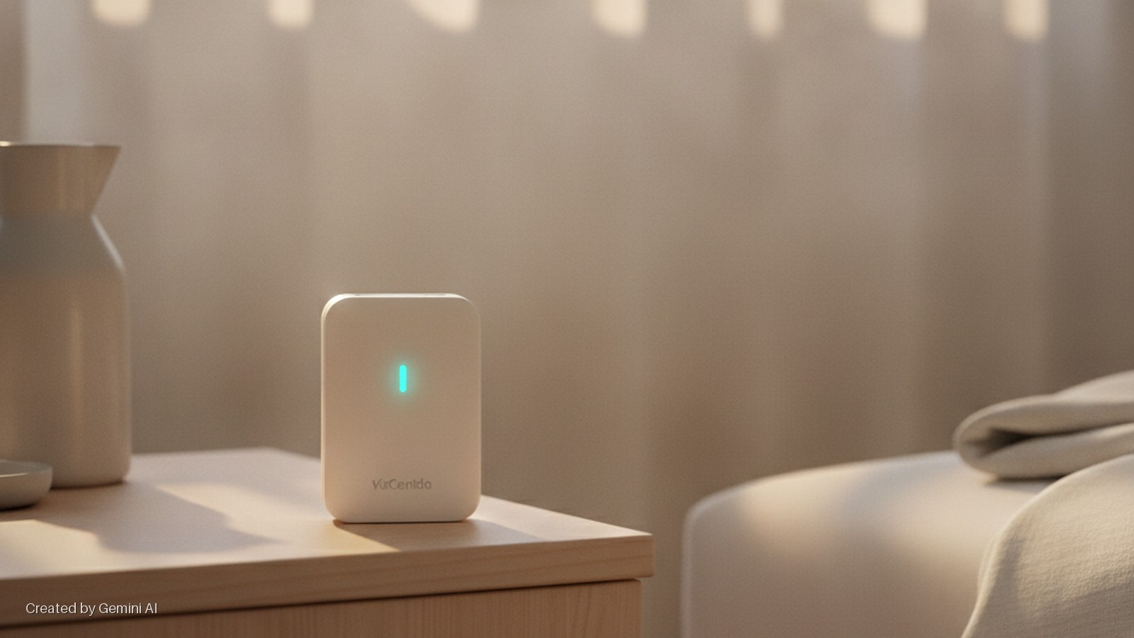 A white rectangular device with a glowing blue-green light stands on a wooden nightstand beside a white vase, in a warm, softly lit bedroom with a bed in the background.