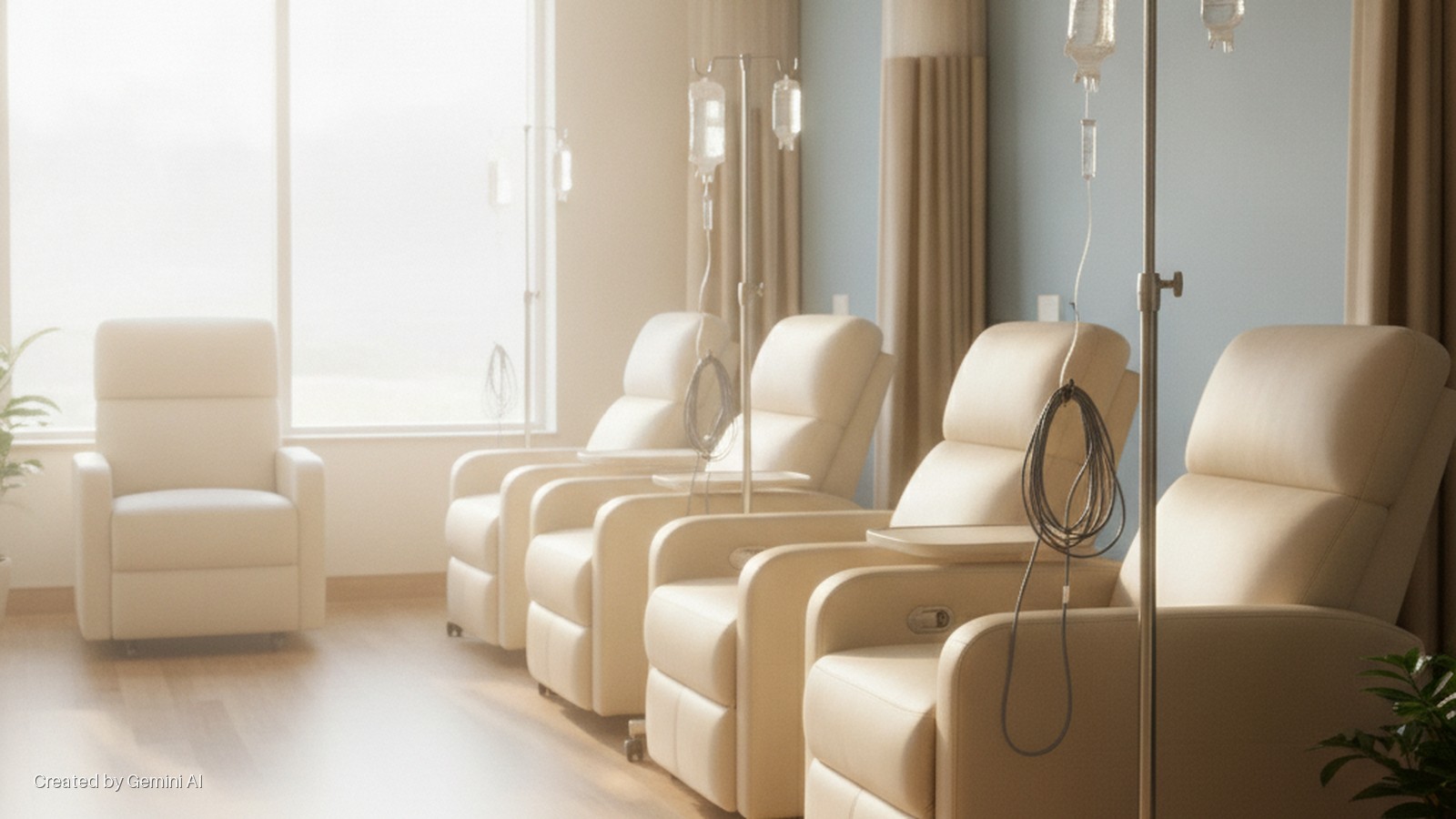 A bright medical infusion room with a row of beige recliners, multiple IV stands with drips, a large window, and brown curtains.