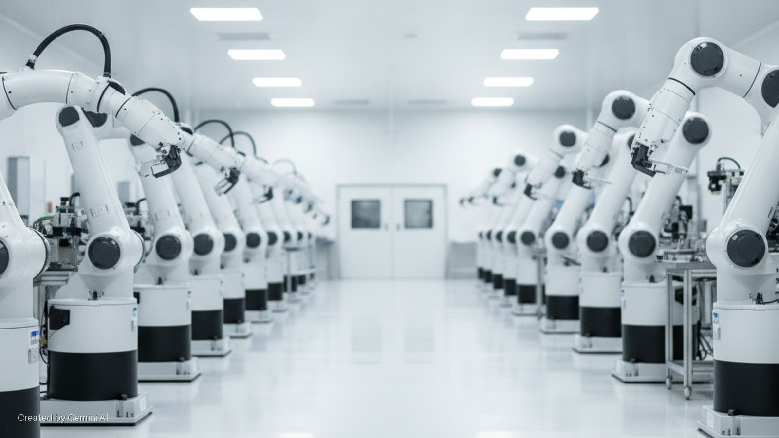 Rows of white industrial robotic arms with black bases line a brightly lit, sterile cleanroom leading to a double door in the background.