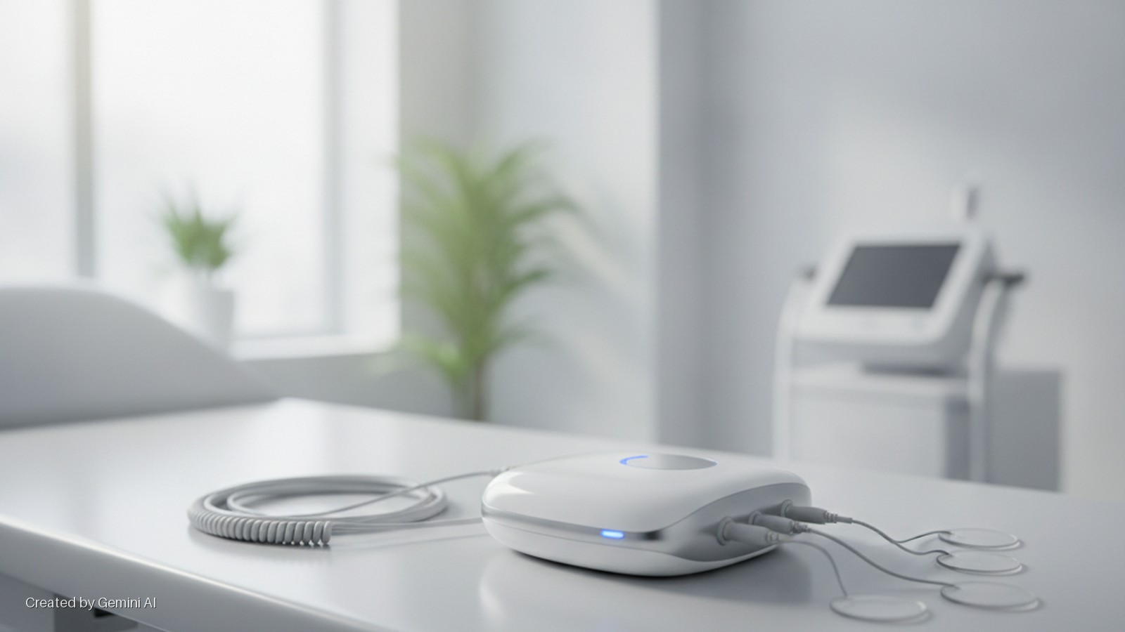 A white medical device with glowing blue LED lights, connected to coiled cables and electrode pads, is positioned on a bright examination table in a clean medical room with a blurred window and medical equipment in the background.