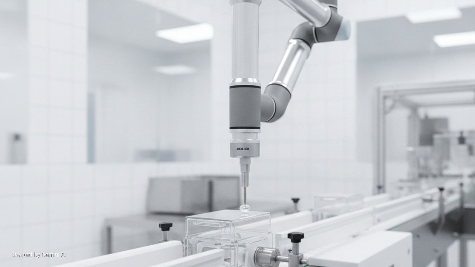A robotic arm dispenses a liquid droplet onto a clear rectangular container on a conveyor belt in a brightly lit cleanroom.