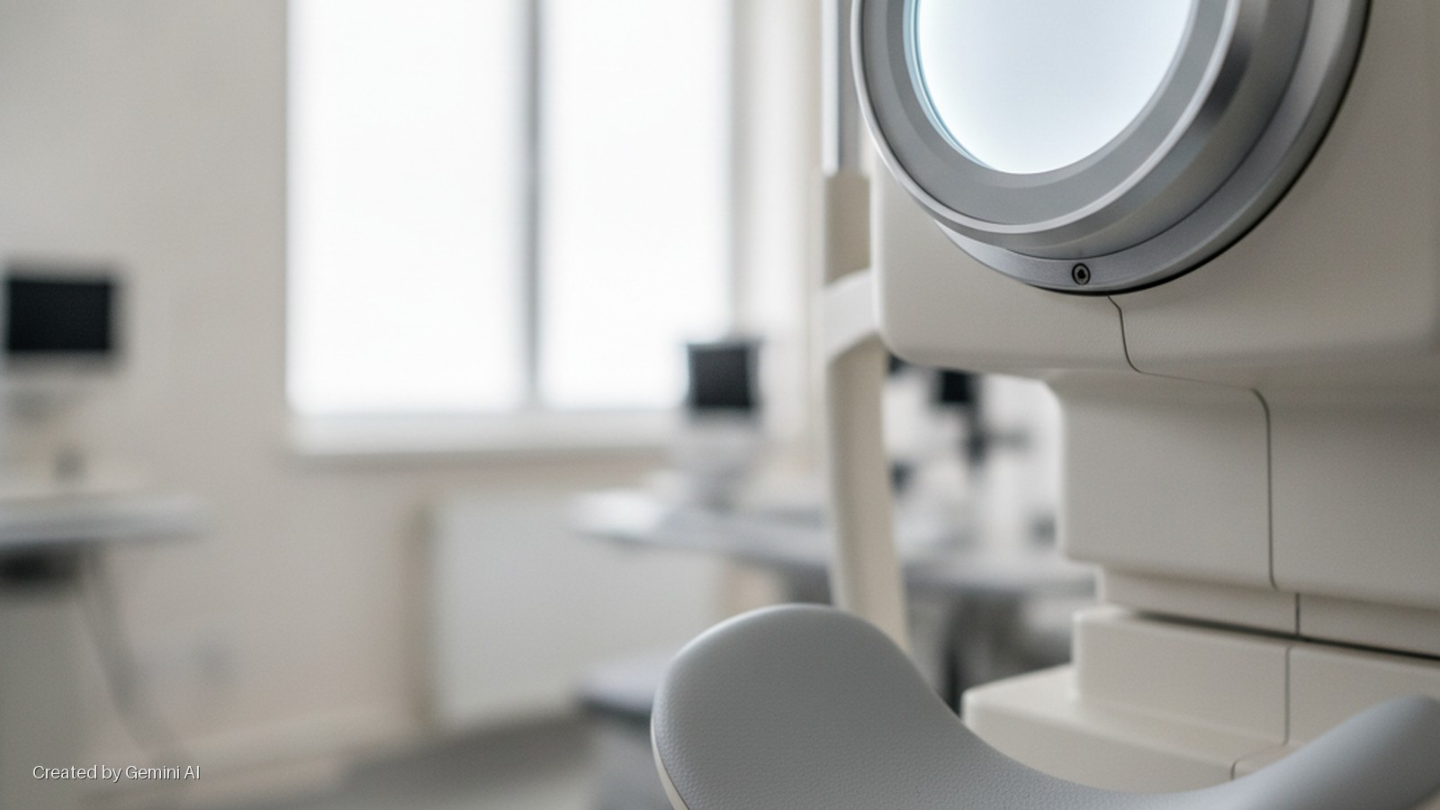 An ophthalmic exam machine with a gray chin rest and an illuminated display sits in a brightly lit eye clinic, with a blurred window and a monitor in the background.