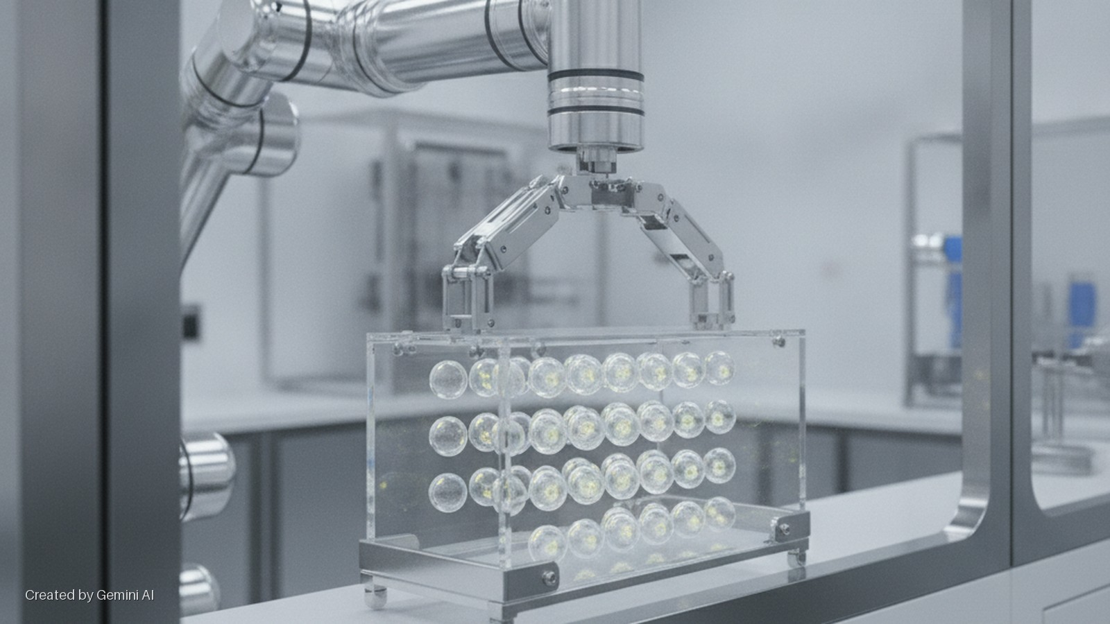 A metallic robot arm with a gripper holds a clear acrylic box containing rows of glowing spherical capsules in a brightly lit laboratory setting.