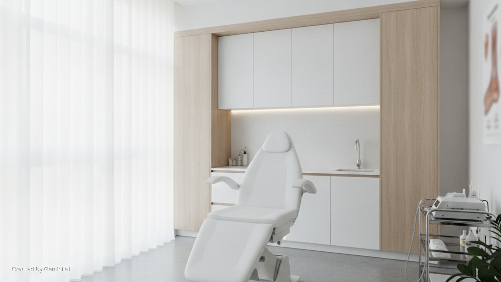 A bright, modern medical treatment room with a white examination chair, wood and white cabinets, a sink, sheer white window curtains, warm under-cabinet lighting, a medical cart, and a wall-mounted anatomical chart.