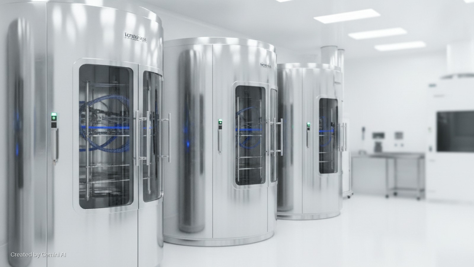 A line of bright, silver cylindrical machines with glass doors and glowing blue interiors stands in a sterile, white clean room with additional lab equipment in the blurred background.